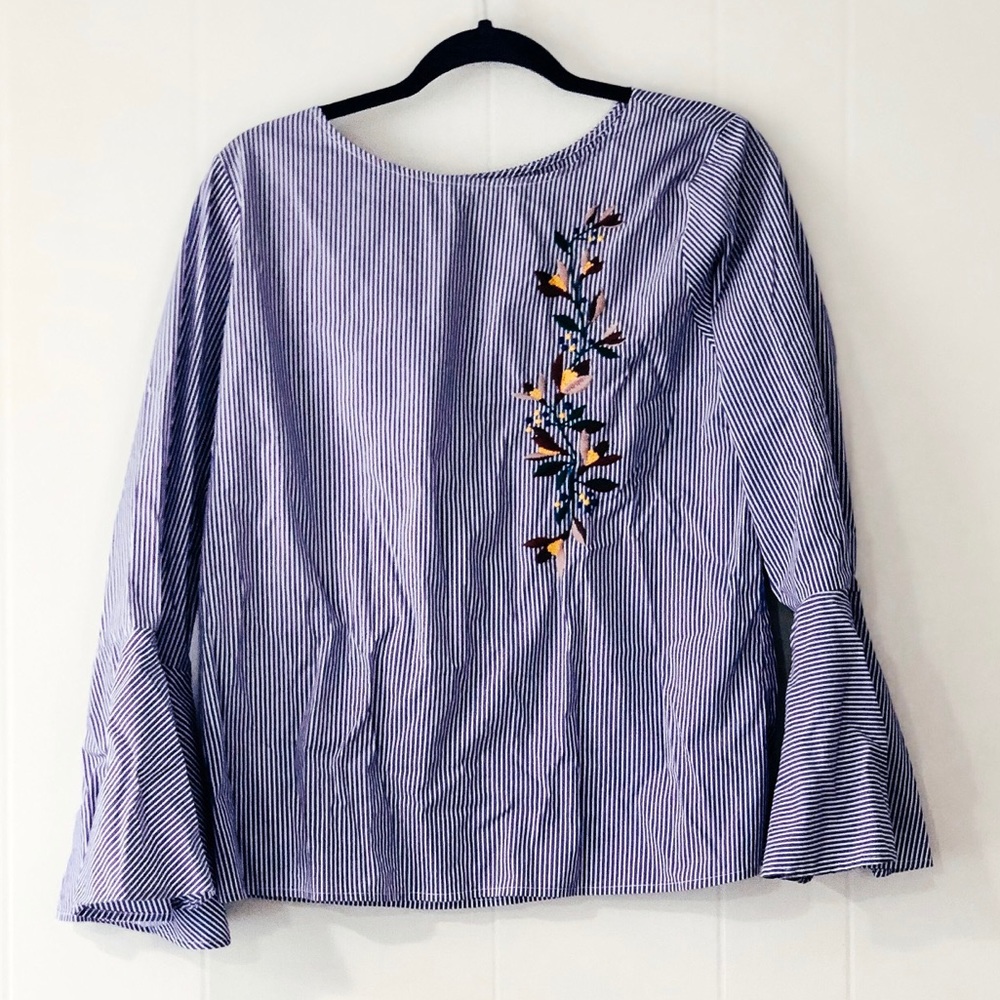 Embroidered flutter sleeve blouse